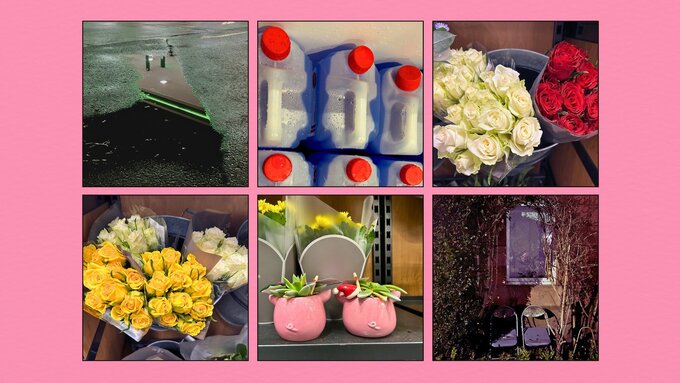A collage of 6 photos: these show going to the petrol station to buy flowers and coming home. On a pink background.