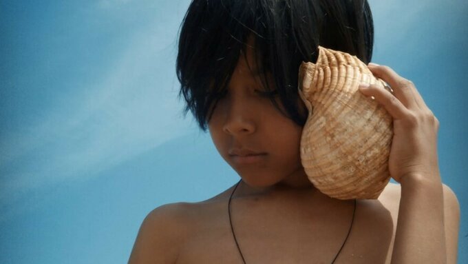 A child listens very carefully to a seashell. In the background there is a blue sky.