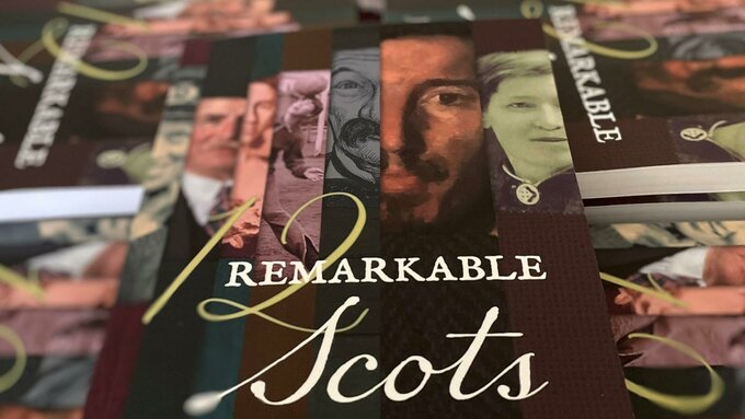 A pile of books with the title Remarkable Scots, covered in illustrations of famous Scots.