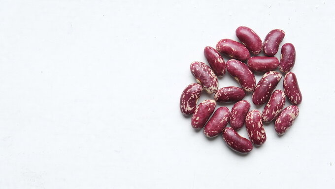 A small pile of burgundy, speckled beans on a white background