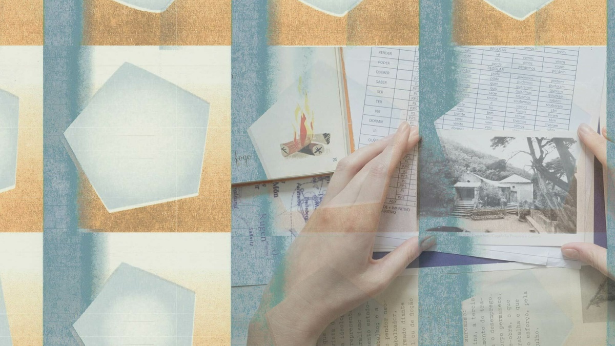 A grid of moving polygons is overlaid with a video still of a postcard being held over open books.