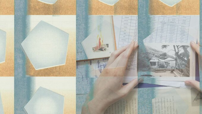 A grid of moving polygons is overlaid with a video still of a postcard being held over open books.