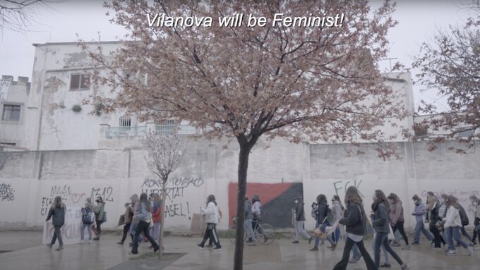 Feminist activists marching in Catalonia on International Women’s Day