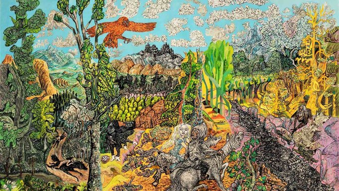 Colourful, fairy tale style illustrated image including mythical creatures and trees.