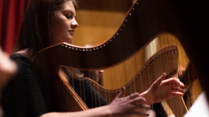 A white woman with long straight hair playing the clarsach .