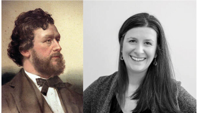Left: a pastel drawing of a bearded man in a tweed jacket and bowtie. Right: A black and white photo of a smiling woman.
