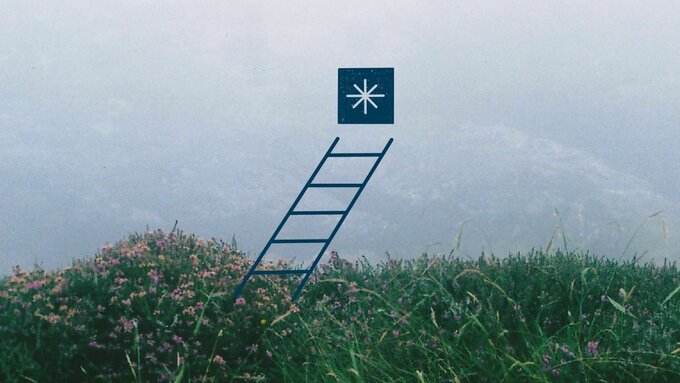 Outdoor landscape featuring Scottish heather and illustration of ladder and star