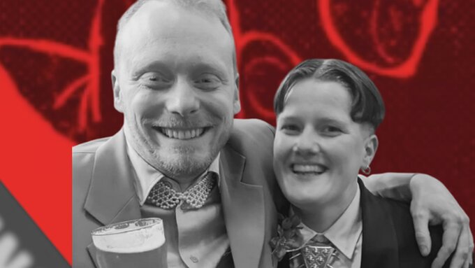 a black and white picture of the book cover and of Laura and Joel dressed in smart clothes, smiling