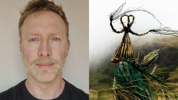 left: a white man with light short hair and stubble. Right: a person wearing woven flowing clothing in the highlands.