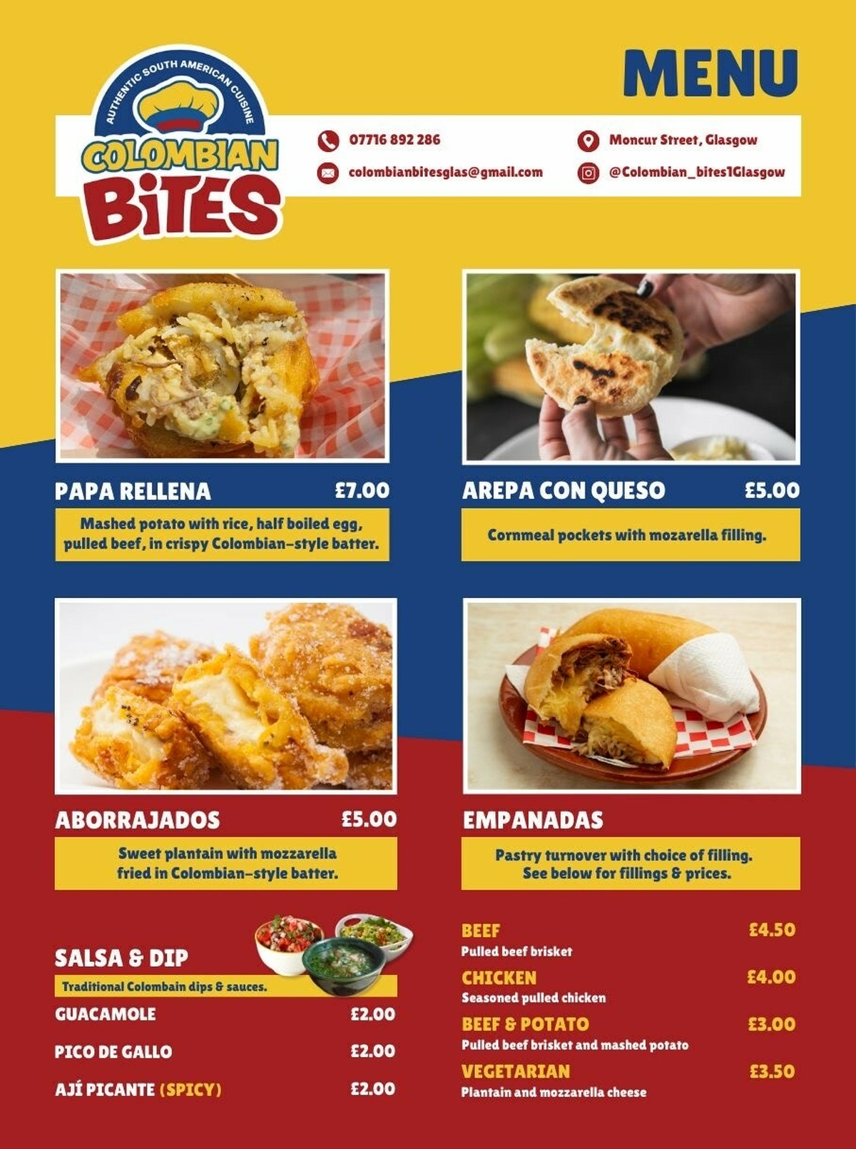 The Colombian Bites menu.