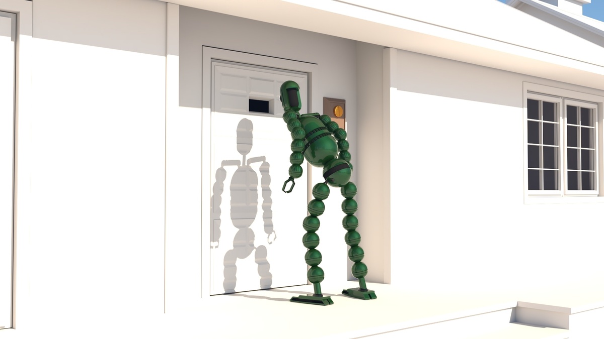A digital image of a robot at the door of a white suburban house.