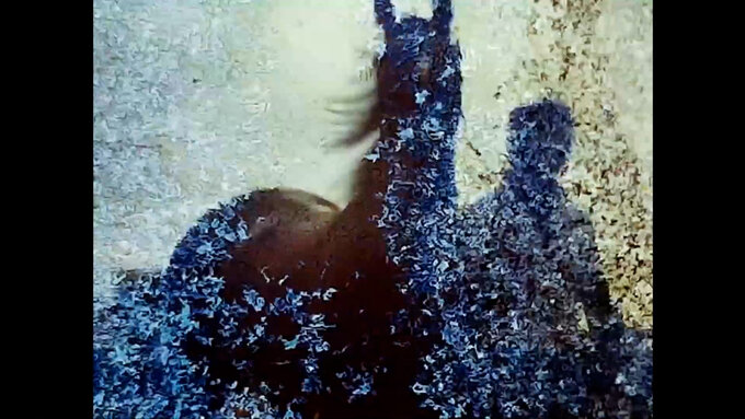 A fractured and distorted image that appears to show a horse and someone leading it.