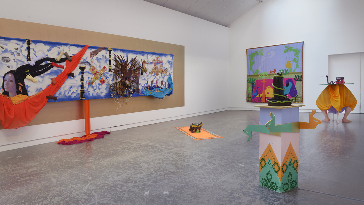 A colourful exhibition of fabric works, wood sculptures, and ceramics in the CCA Gallery.