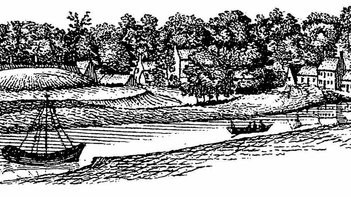 A black and white engraving of a pastoral landscape. Including a river with boats, cottages, woodland, and hills.
