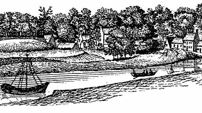 A black and white engraving of a pastoral landscape. Including a river with boats, cottages, woodland, and hills.