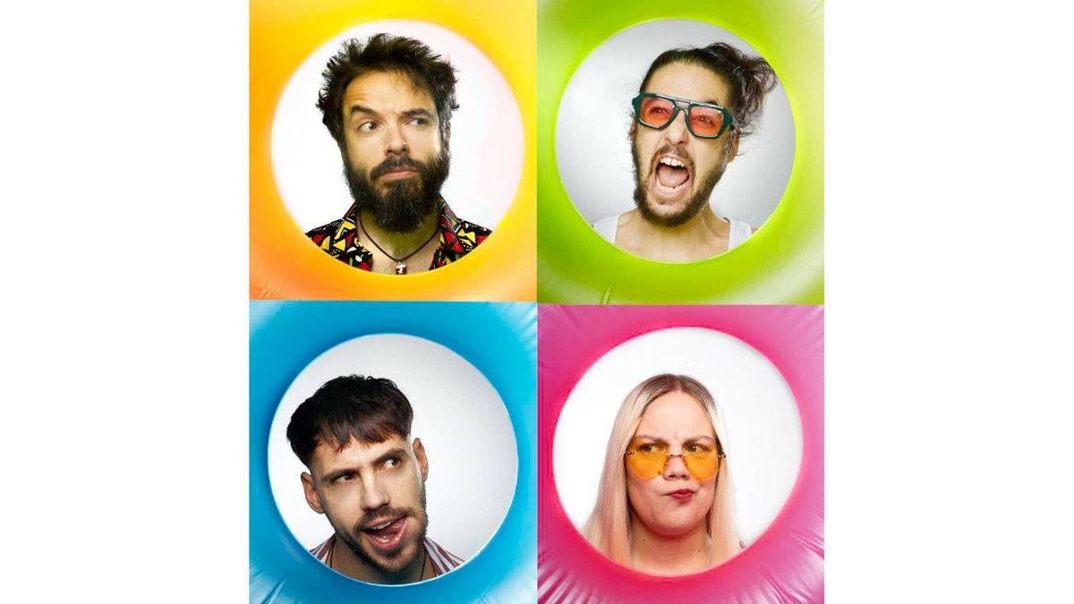 A colourful grid of 4 people pulling funny faces