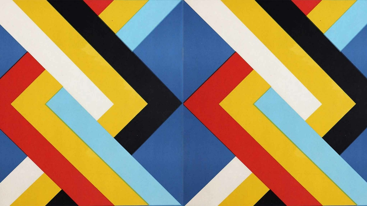An abstract image of red, yellow, blue, black and white lines intersecting