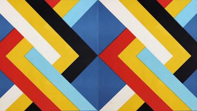 An abstract image of red, yellow, blue, black and white lines intersecting