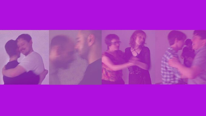 The image is divided into 4 squares. Each square contains an image of two people in a tango dancing embrace.