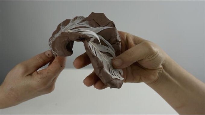 Two hands gently manipulating a feather into raw clay.