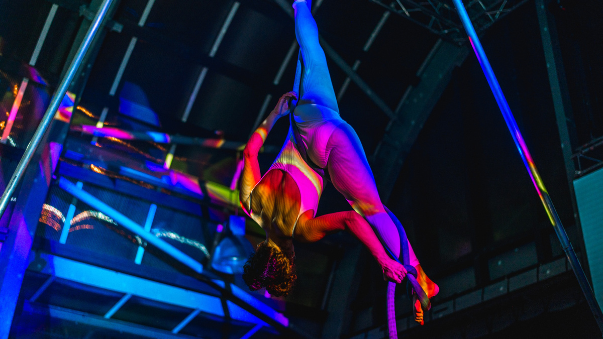An aerial performer suspended on ropes lit up by pink and blue light.