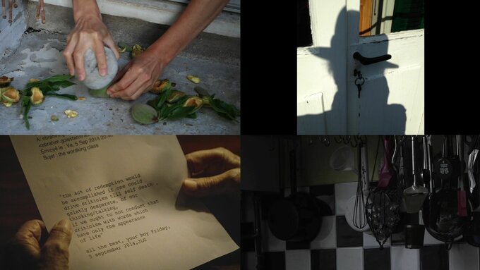 4 images displaying hands holding a letter, cracking a nut, kitchen utensils and a torso shadow over a door.