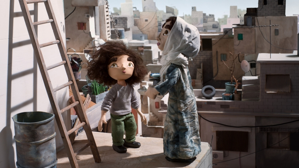 An animated scene of a Palestinian girl with wild dark hair in grey and green clothing on the roof of a building.