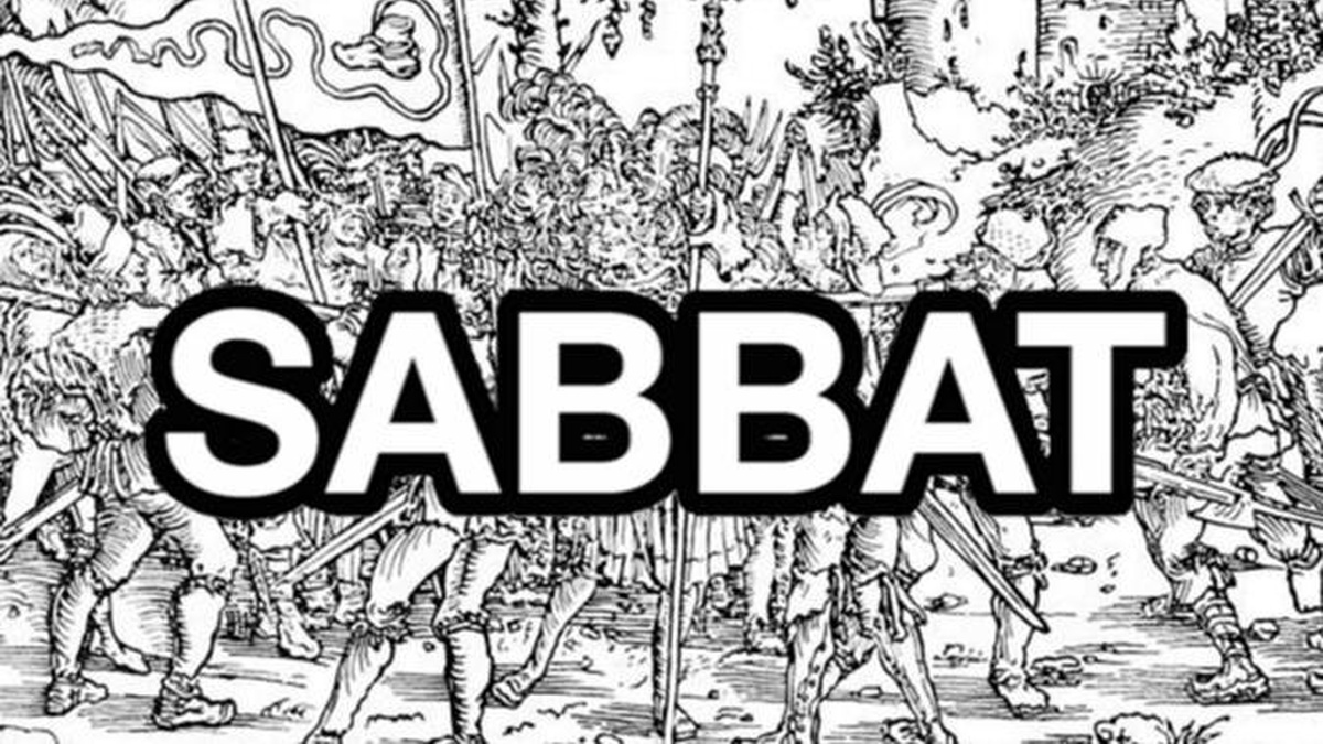 A black and white illustration of medieval soldiers, with the word SABBAT written in bold font across the centre.