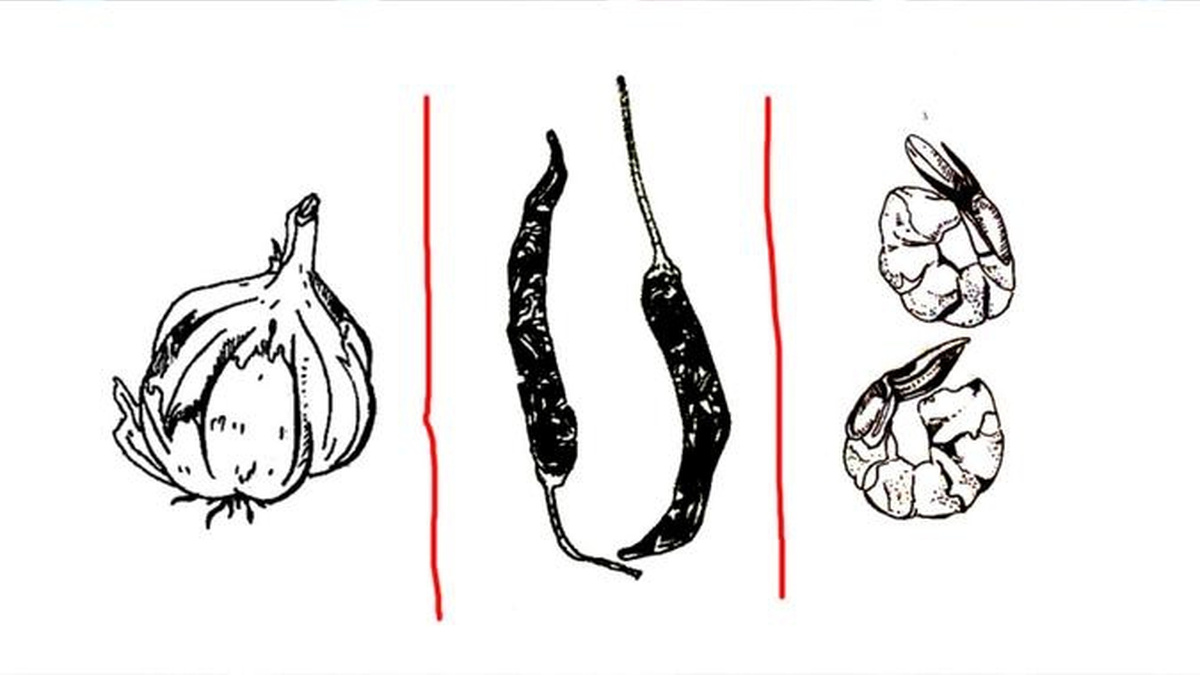 Black and white illustrations on a white background, depicting an onion, two peppers and two prawns.