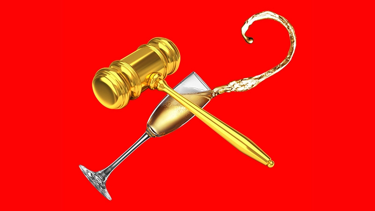 An illustration of a gold pavel and a glass of champagne forming a cross on a bold red background.
