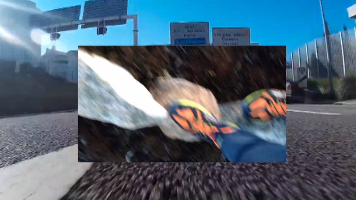 A still from Aaron McCarthy's New Pyre depicting a blurred photo of trainers superimposed on a photo of a motorway.