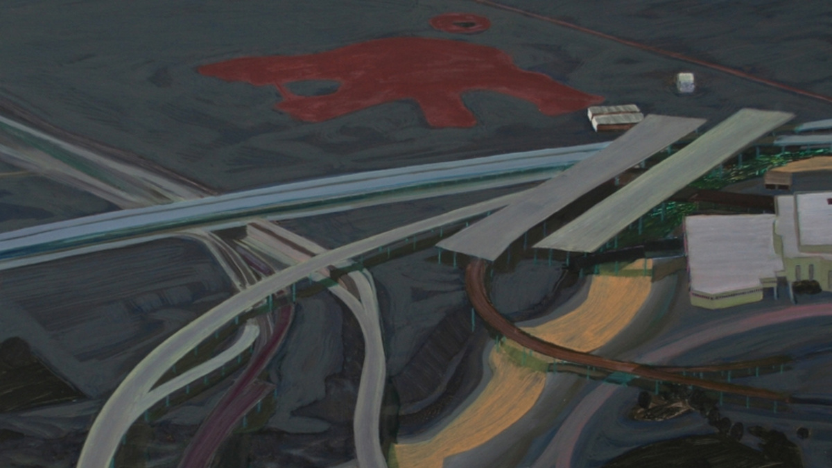 An oil painting of a network of highway roads and a concrete landscape.