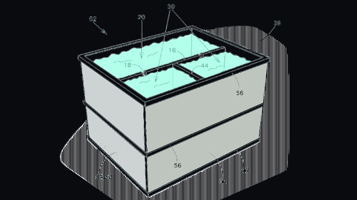 An illustration of a box with seperate compartments filled with water. It is annotated with numbers.