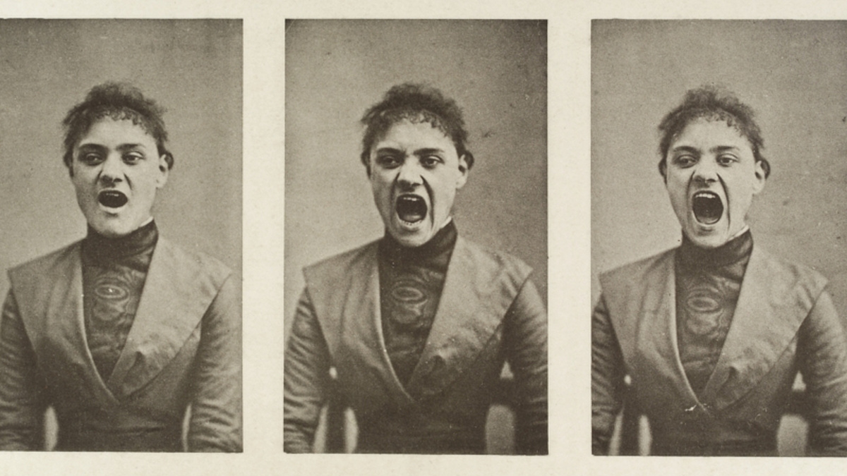 A series of three aged sepia photographs of a woman opening her mouth wider each time.