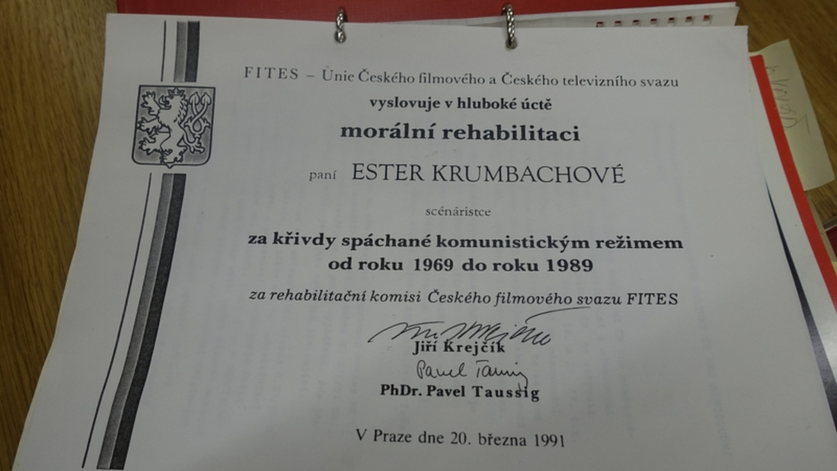 A certificate with Czech writing, Ester Krumbachova's name is in the centre of the page.