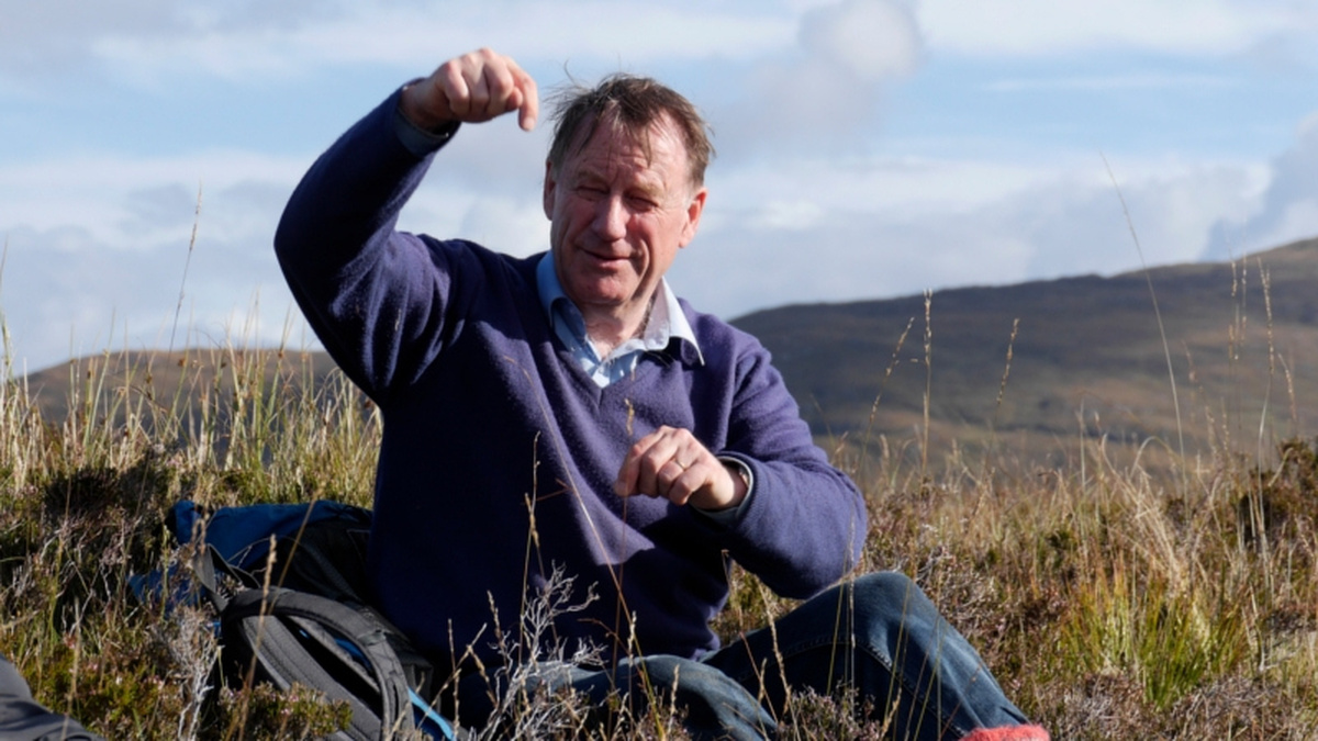 Anthropologist Tim Ingold sits in a field with a mountain in the background, he is holding up strands of grass.