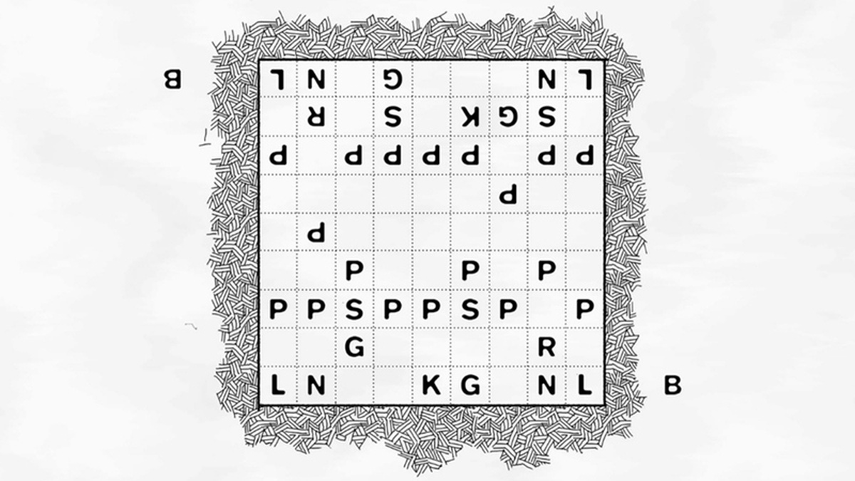 A crossword puzzle witha black and white etching frame, there are random letters in random squares of the grid.