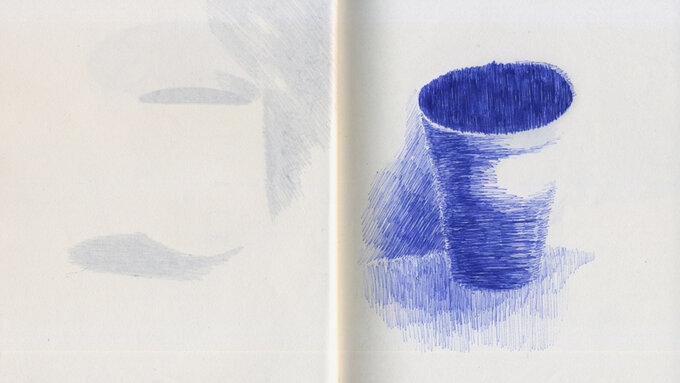 A blue biro drawing of a pot on a surface, reflected in a faded drawing of a vessel on the left hand page.