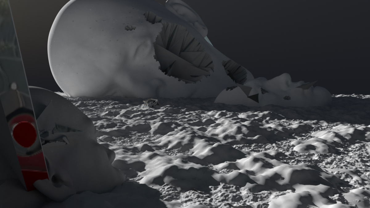 A landscape image in white, grey and red. Large skull like images lie on a bed of snow.