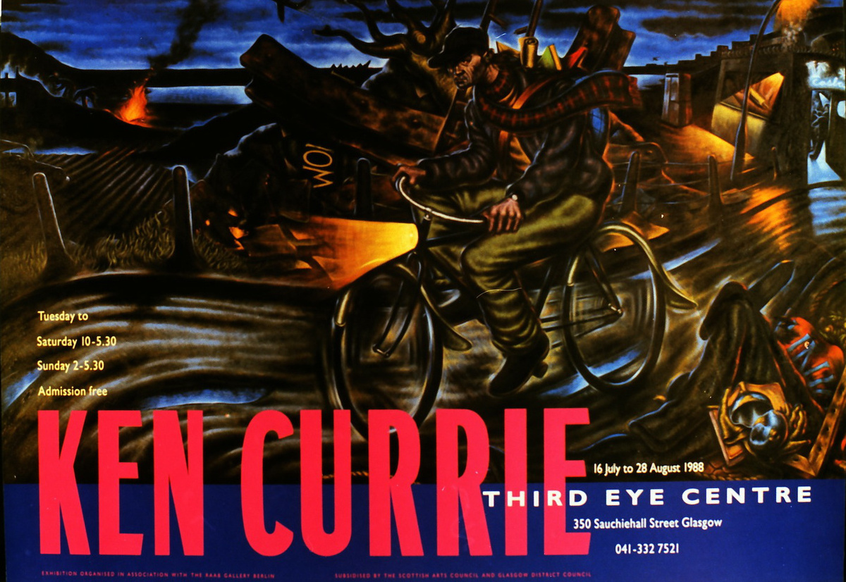 A poster with a painting of a person on a bike, the words Ken Currie are in large pink type.