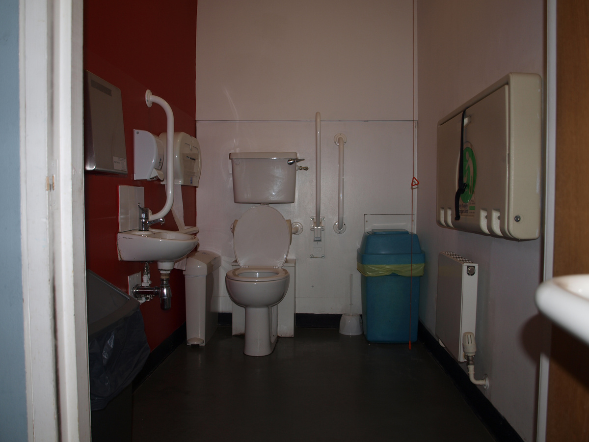 A photograph of a room with a toilet, bannister and baby changing facilities.