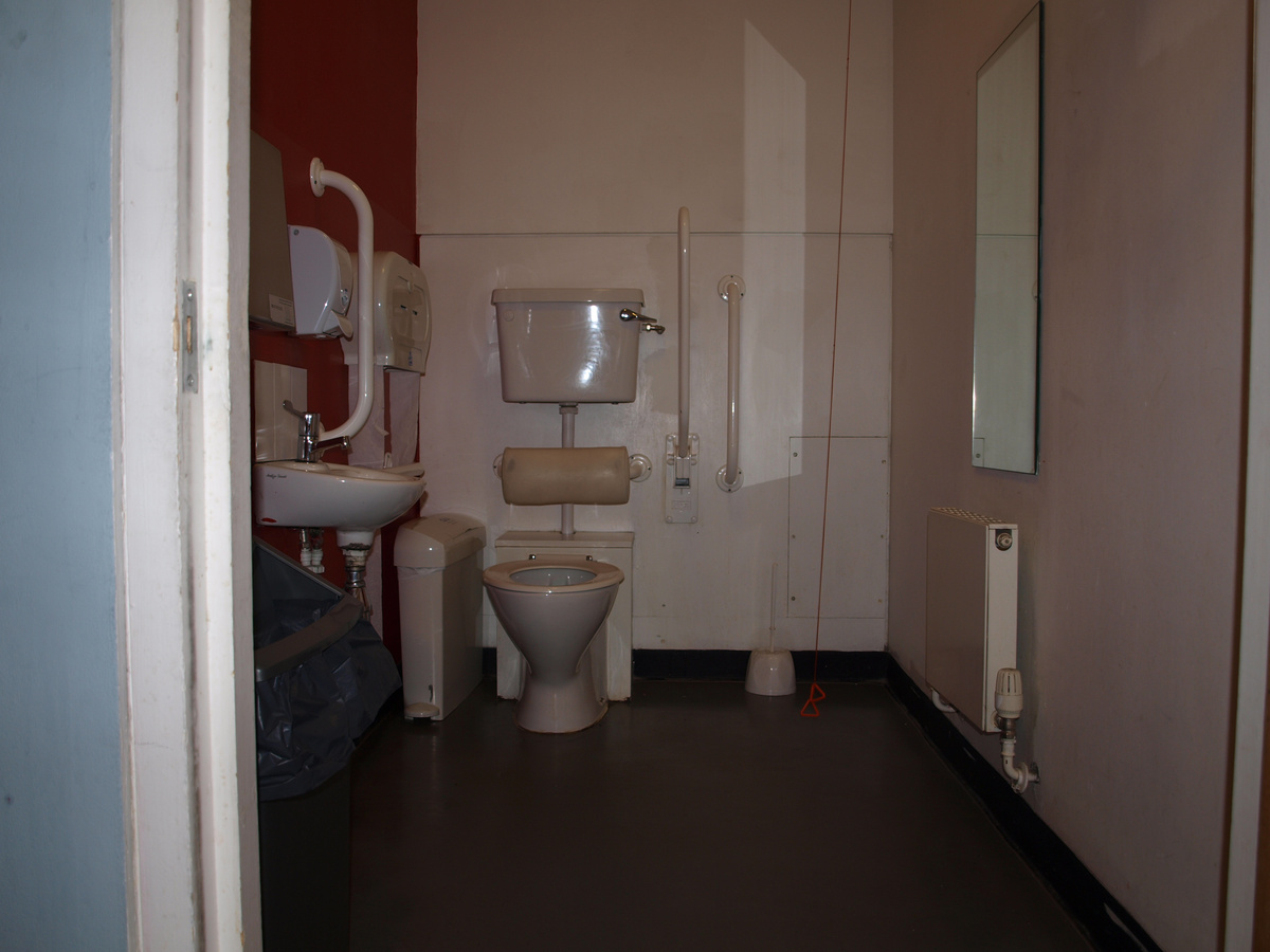 A photograph of a room with a toilet and bannister.