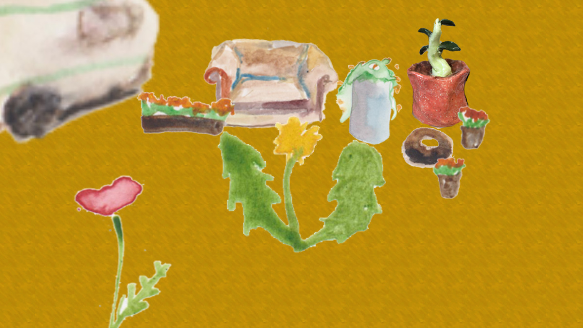 A textured mustard coloured backdrop, with an assembly of hand-drawn objects including potted plants, a sofa and flowers