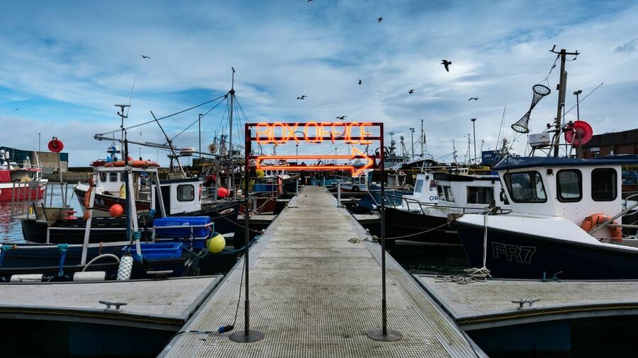 An overcast dock with birds and clouds. A long pier stretches away from the camera with boats docked on either side.