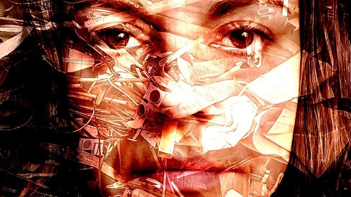 A close up of a person with a pattern effect over their face.