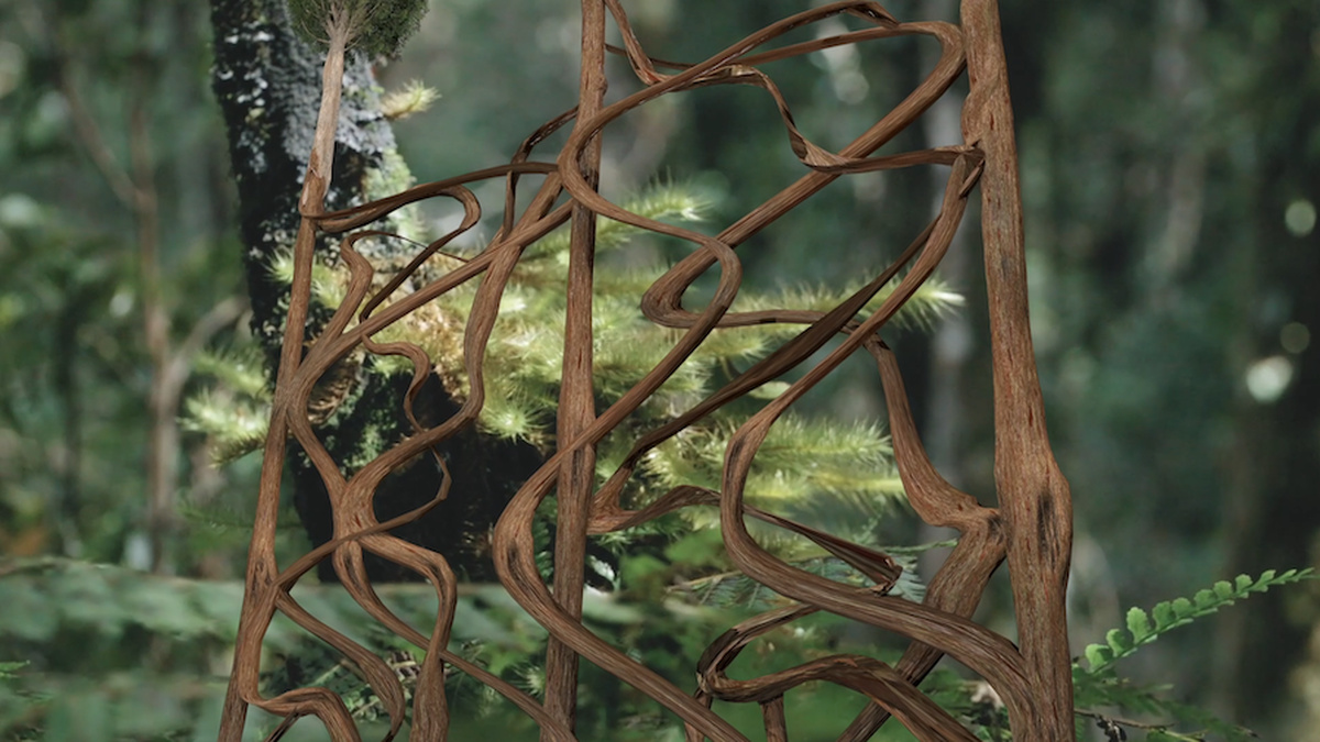 An animated tree trunk is overlaid on a photograph of moss on a tree branch.