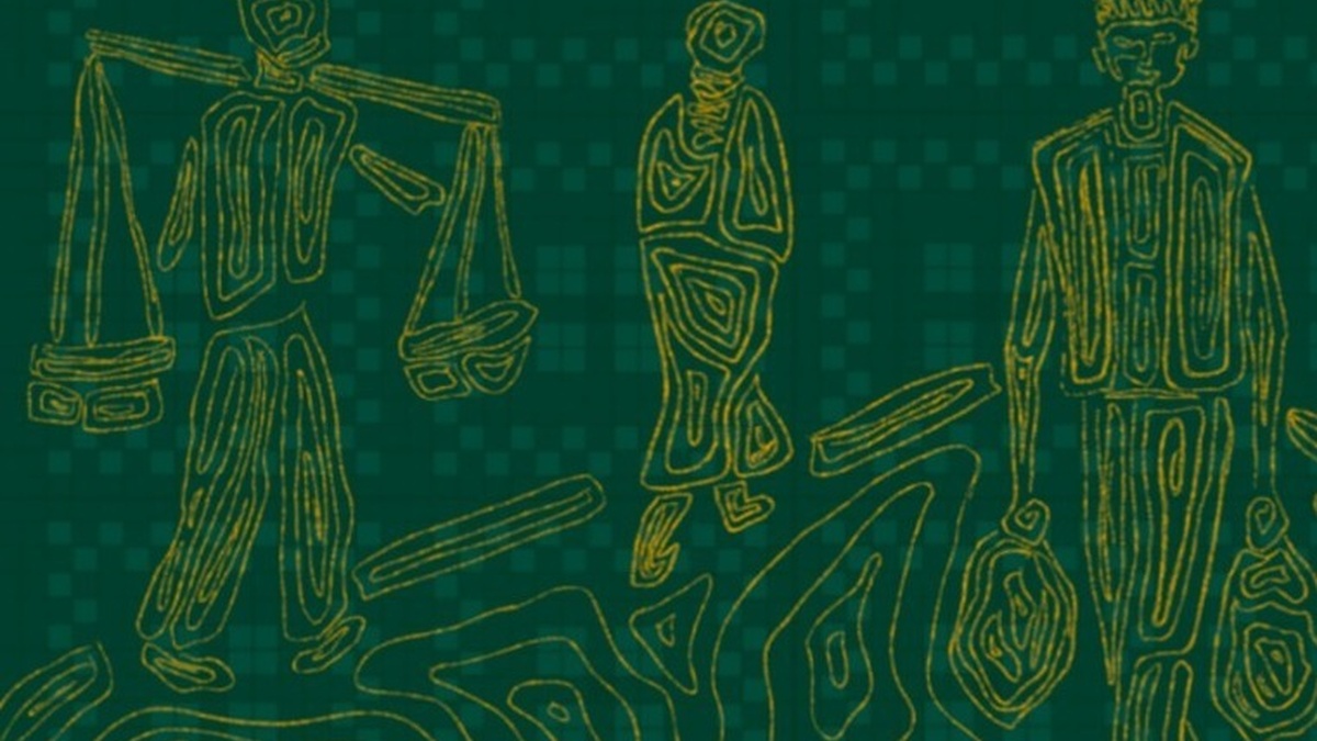White line drawing of people on green background.