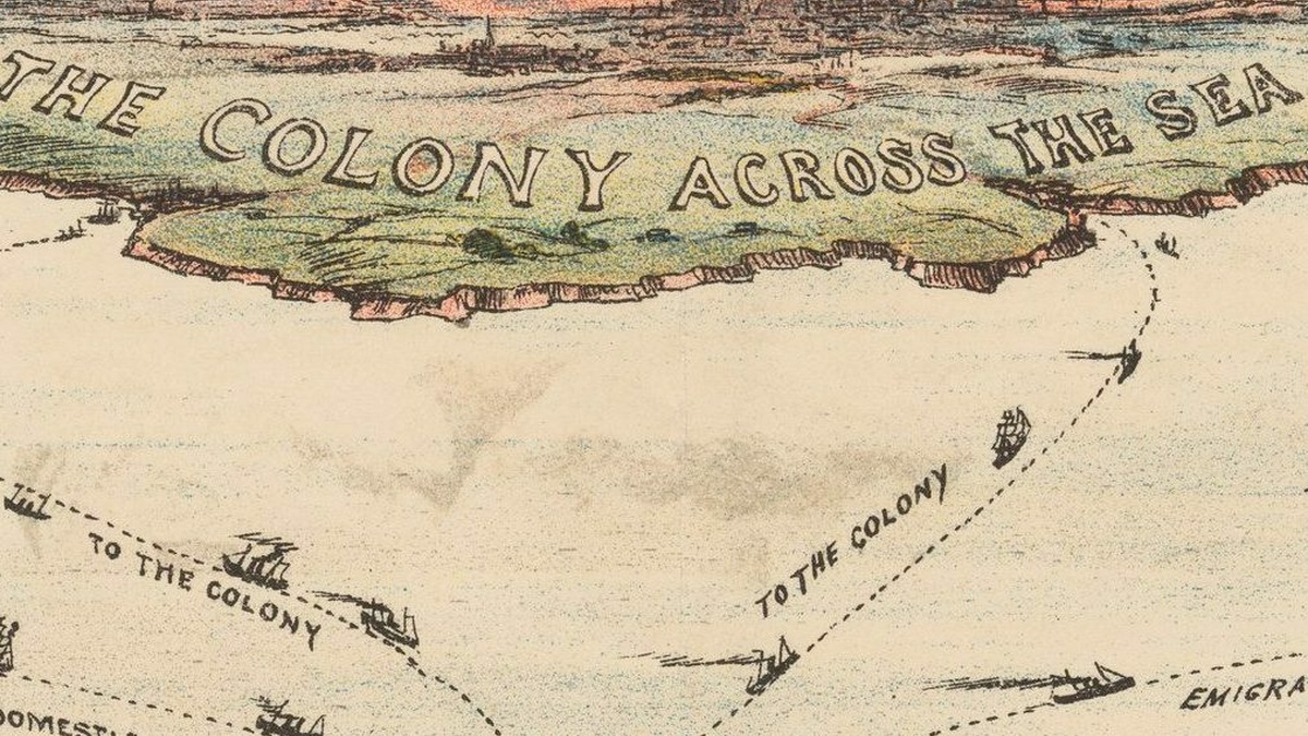 Drawing of land with words 'Colony across the sea' written over it with sea that stretches to the front and small ships