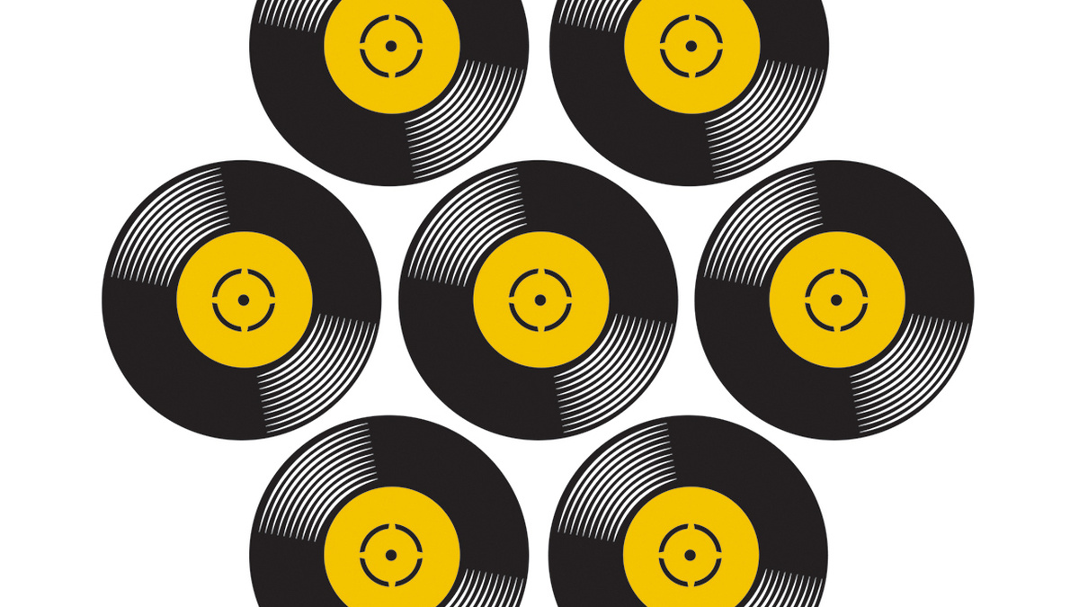 A cartoon image of seven vinyl records.