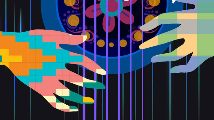 Two hands one in a Mexican design one in a Scottish tartan reaching towards each other across strings of a guitar.